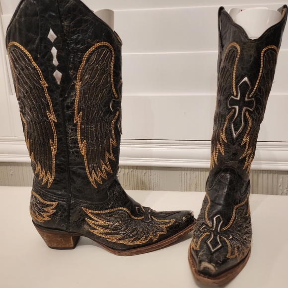 Corral Vintage Cross & Wings Snip Toe Cowboy Boots Women's Sz 7 Black Western - Picture 3 of 8